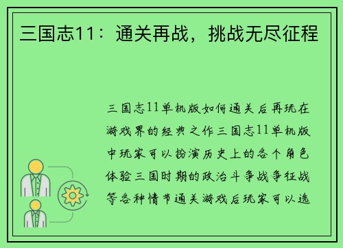 三国志11：通关再战，挑战无尽征程
